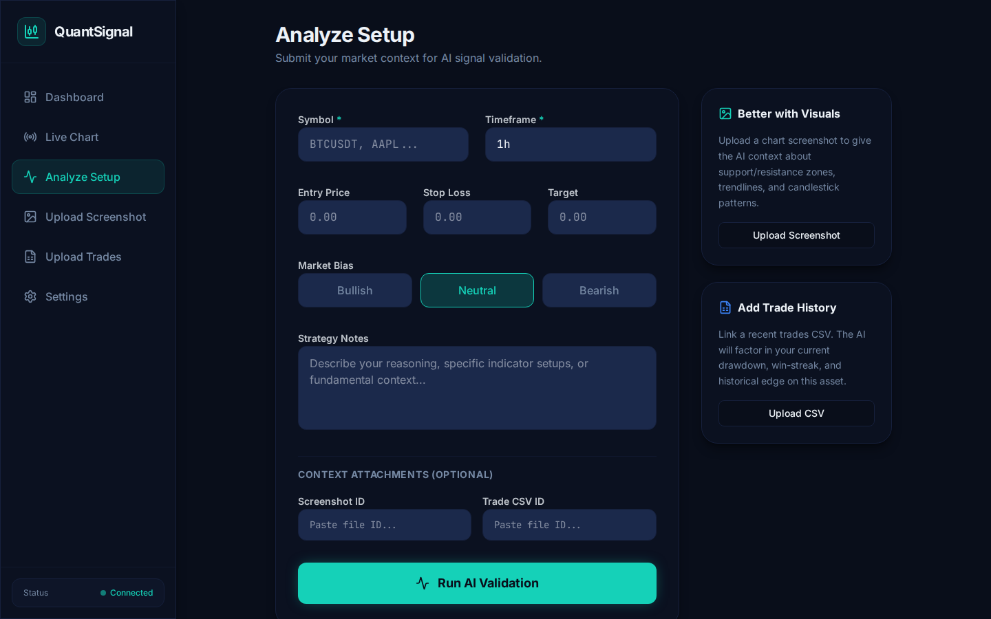 Analyze Setup — configure your trade idea